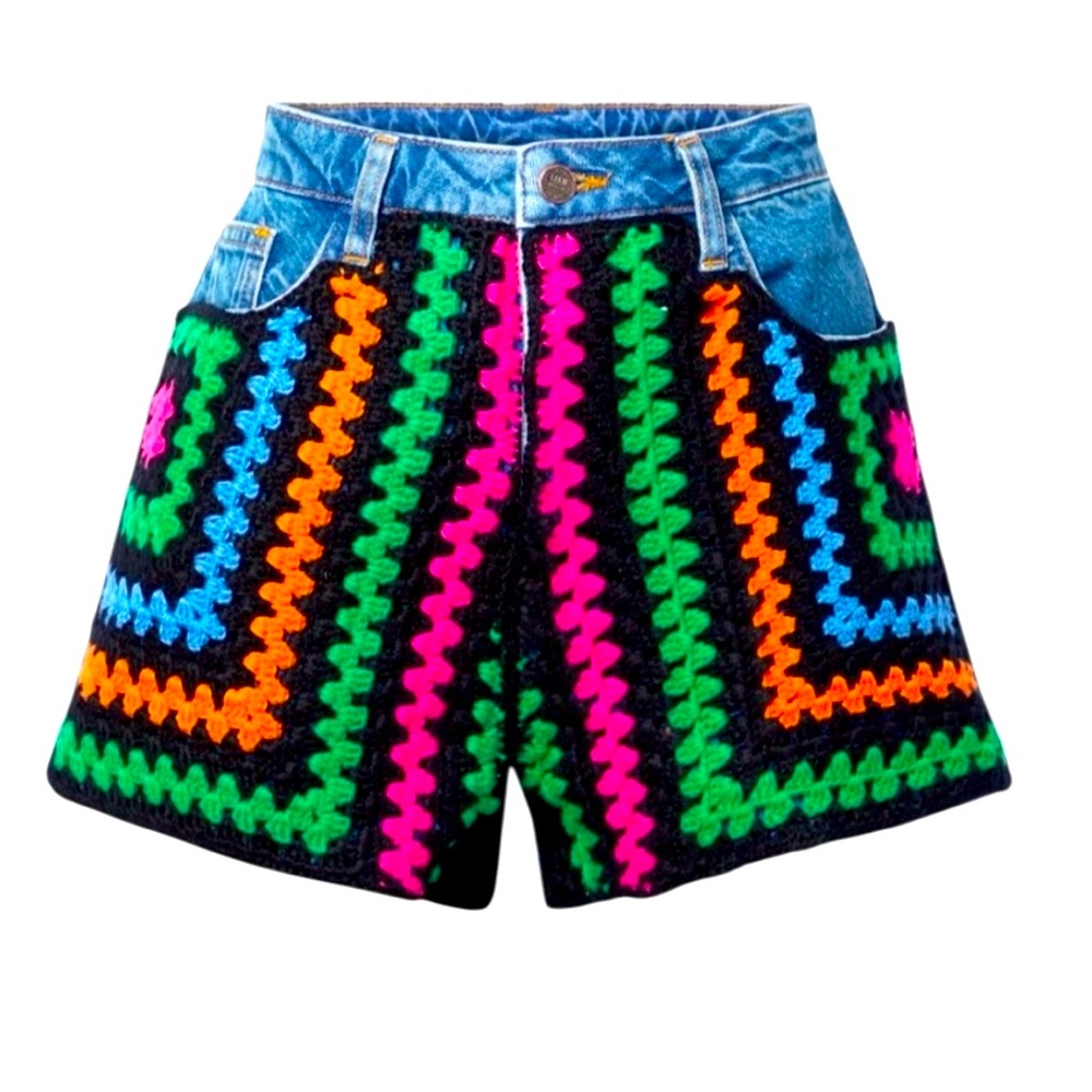 FARM Rio Multicolor Crochet Denim Shorts